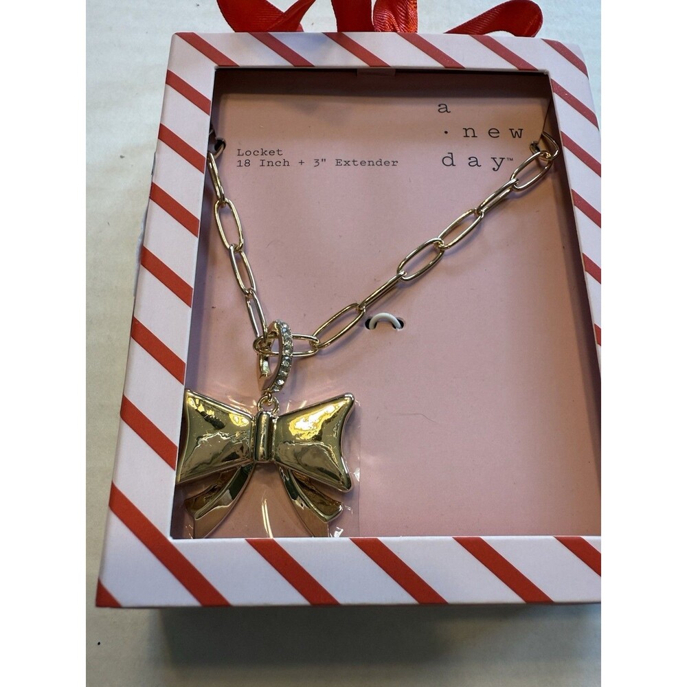 A‎ New Day Locket Necklace - Gold Tone Bow Locket Charm - 18” NEW